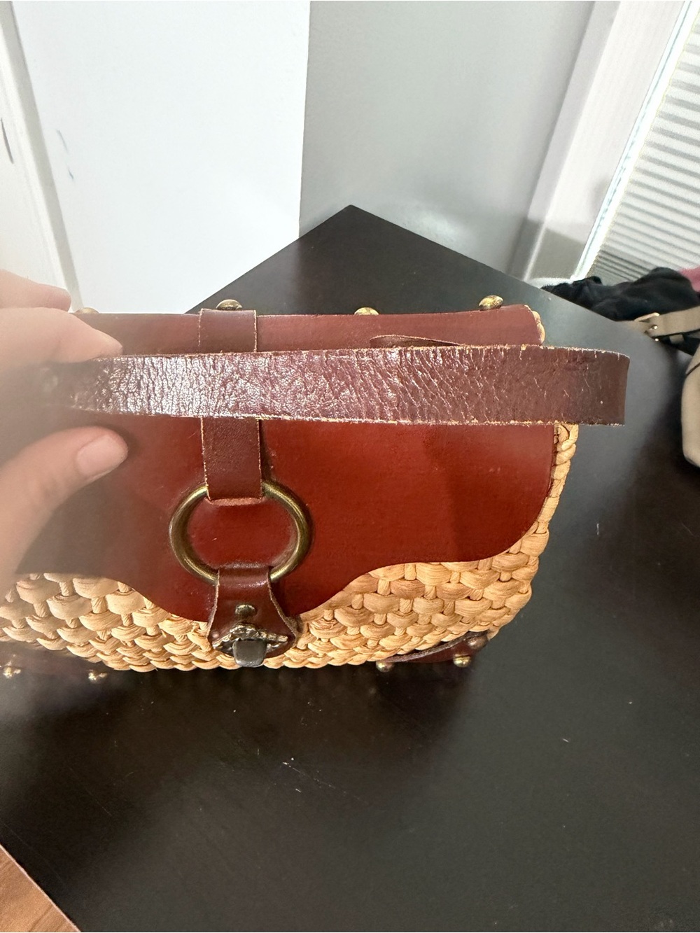 VINTAGE 60s/70s ettiene aigner woven Straw bag with Brown Leather Trim - Picture 3 of 8